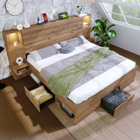 Letto matrimoniale in legno color rovere 160x200 cm con LED, USB/Type-C, comodini sospesi e cassetti (1/5)