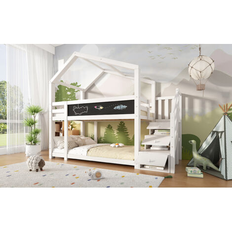 Letto a castello a casetta in legno bianco 90x200 cm con scala contenitore, lavagna e protezioni anticaduta