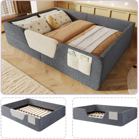 Letto imbottito in velluto grigio 140x190 cm con sponde removibili e tasca portaoggetti