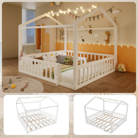 Letto per bambini in legno di pino bianco 90x190 cm x2 / 180x190 cm, con sponde e struttura a casetta, senza materasso