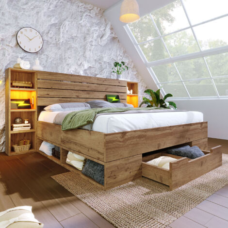 Letto matrimoniale in legno e metallo rovere 160x200 cm con LED, USB-C, cassetti, rete e materasso inclusi (1/5)