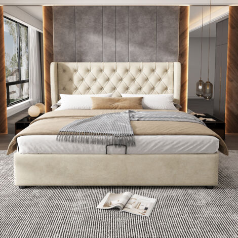 Letto con contenitore in velluto beige 180x200 cm, rete a doghe inclusa, testiera alta stile Chesterfield