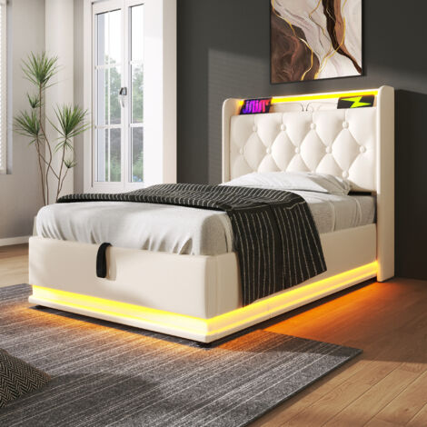 Letto con contenitore in PU bianco 90x200 cm con LED, USB/Type-C, rete a doghe e materasso incluso (1/5)