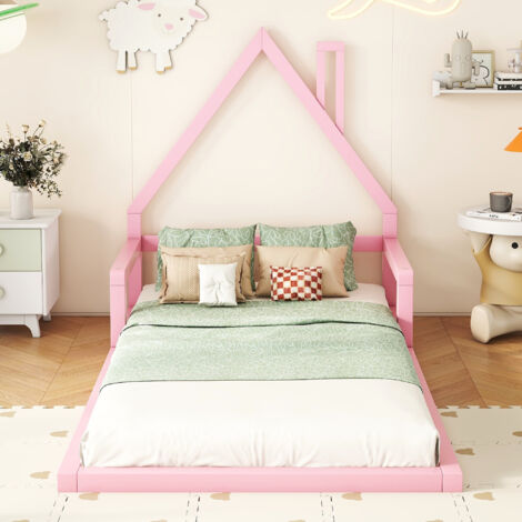 Letto per bambini in legno di pino e MDF rosa 90x200 cm, struttura a casetta con doghe incluse
