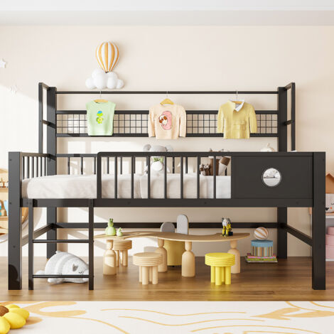 Letto a soppalco basso in metallo e MDF nero 90x200 cm con spazio sottostante e barra appendiabiti