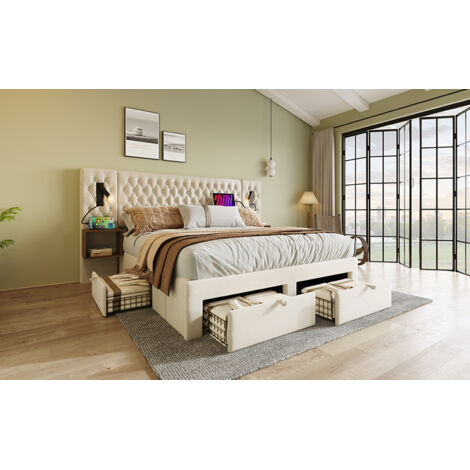 Letto imbottito in velluto beige 160x200 cm con materasso, 2 comodini, 4 cassetti, luci lettura USB e Type-C (1/5)