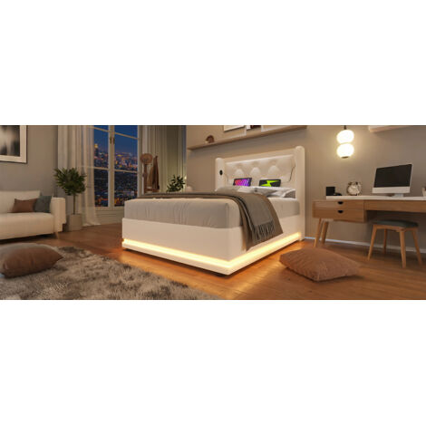 Letto con contenitore in PU bianco 90x200 cm con LED, USB-C e materasso incluso (1/5)
