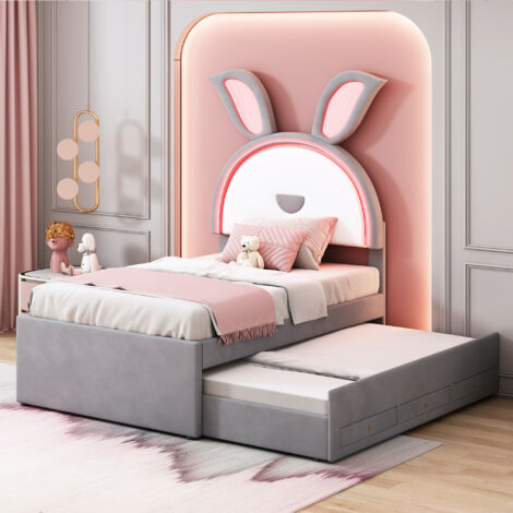 Letto per bambini imbottito grigio 90x200 cm con letto estraibile 190x90 cm, 3 cassetti e luce LED
