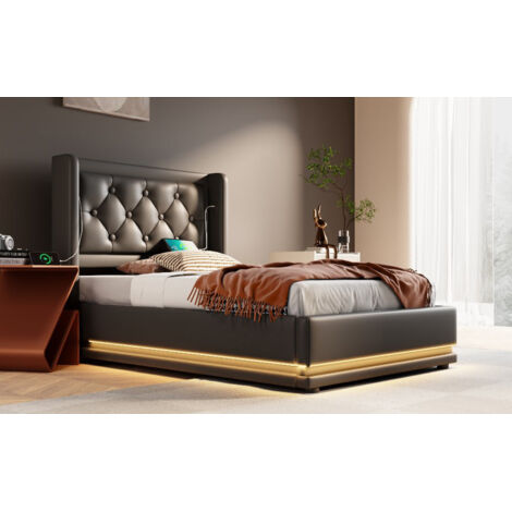 Letto con contenitore in PU nero 90x200 cm con LED, USB/Tipo-C, rete a doghe e materasso incluso (1/5)