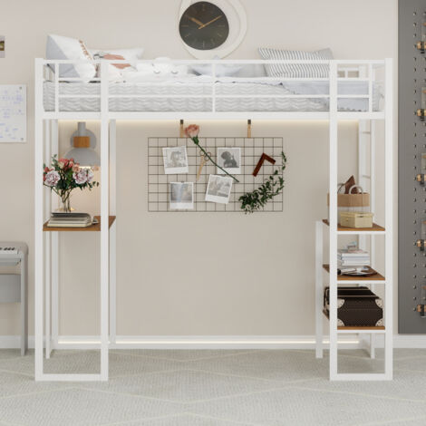 Letto a soppalco in ferro bianco con scrivania a L e scala reversibile