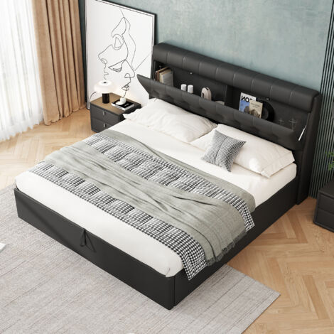 Letto con contenitore in PU nero 160x200 cm, rete a doghe inclusa, apertura idraulica