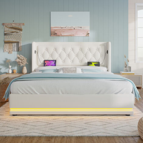 Letto con contenitore in PU bianco 180x200 cm, LED 3 lati, testiera imbottita con USB e Tipo-C (1/5)