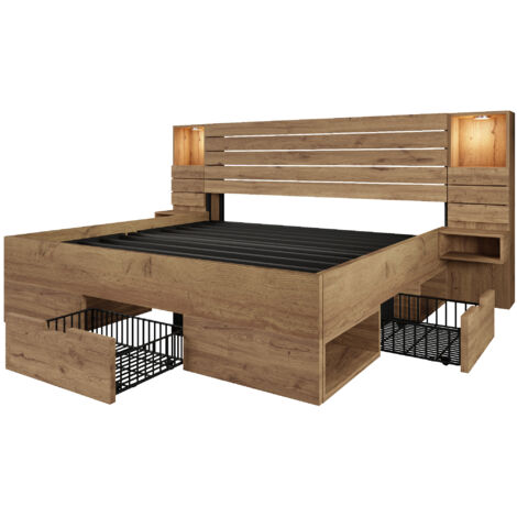Letto matrimoniale in legno effetto rovere 160x200 cm con materasso, LED, USB/Type-C, comodini sospesi e cassetti (1/5)