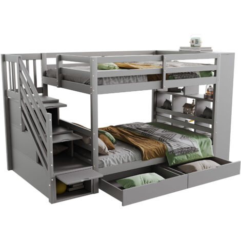 Letto a castello in legno di pino grigio 90x200 cm con scala contenitore, cassetti e rete a doghe inclusa
