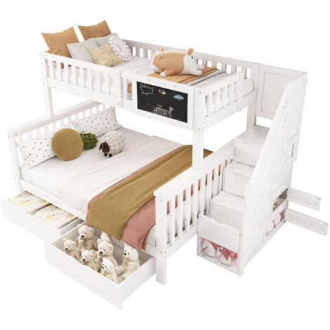Letto a castello in legno massello bianco 90x200 + 140x200 cm con scala contenitore, cassetti e rete inclusa