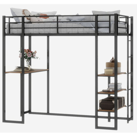 Letto a soppalco in metallo nero con scrivania integrata, parapetto e scala reversibile