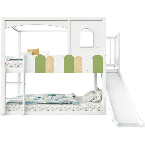 Letto a soppalco in legno bianco 90x200 cm con scivolo, scala di sicurezza e struttura a casetta