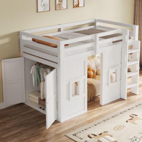 Letto a soppalco in legno bianco 90x200 cm con armadio integrato, 2 finestre, LED e rete a doghe inclusa