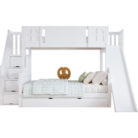 Letto a castello in legno massello e MDF bianco 90x200/120x200 cm con scivolo, scala contenitore e cassetto