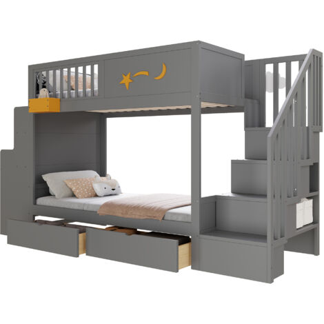 Letto a soppalco in legno di pino grigio 90x200 cm con scrivania integrata, scala contenitore e cassetti