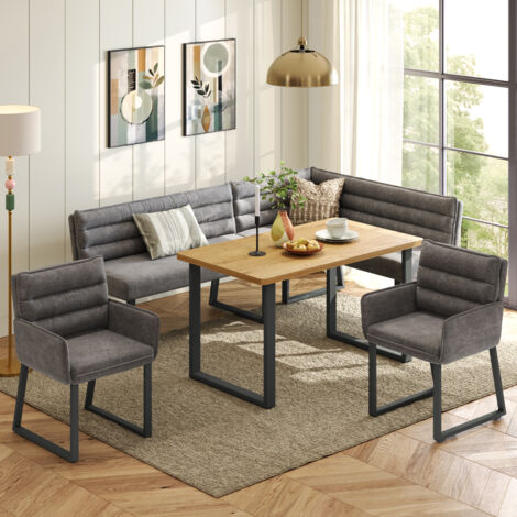 Set da pranzo in chenille grigio e MDF rovere, panca ad angolo, 2 sedie e tavolo 140x80 cm