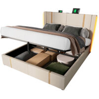 Letto imbottito in lino beige 160x200 cm con contenitore, LED RGB, USB e Type-C, rete a doghe inclusa