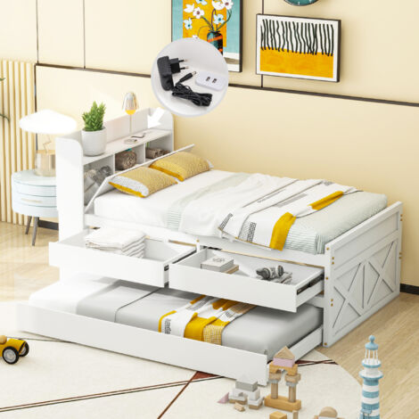 Cama individual de madera maciza blanca 90x190 cm con cama nido, 2 cajones, mesita con almacenaje y USB