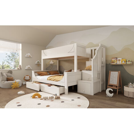 Litera de madera y metal blanca 90x200 / 140x200 cm con armario escalera, cajones y somieres incluidos