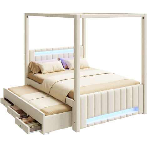 Cama con dosel tapizada de lino beige 140x200 cm con cama nido extraíble, 3 cajones y LED