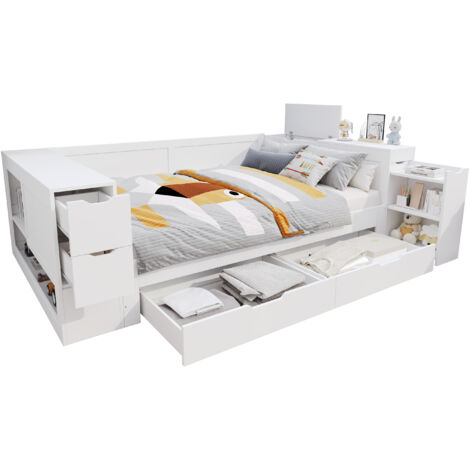 Cama infantil MDF blanca 140x200 cm con almacenaje integrado, somier incluido y mesita