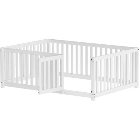 Cama infantil de madera maciza blanca 140x200 cm, cama baja con valla de 60 cm y puerta, sin somier (1/5)