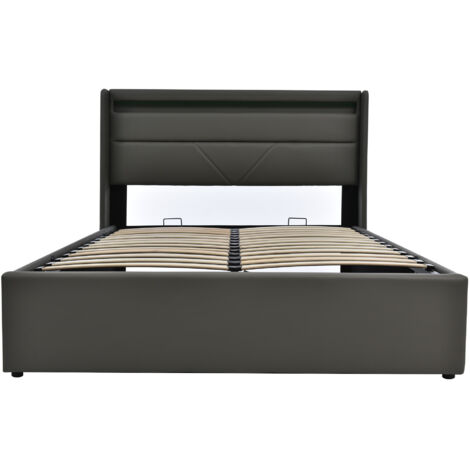 Cama con espacio de almacenamiento PU gris 160x200 cm con LED, somier elevable hidráulico y colchón incluido (1/5)