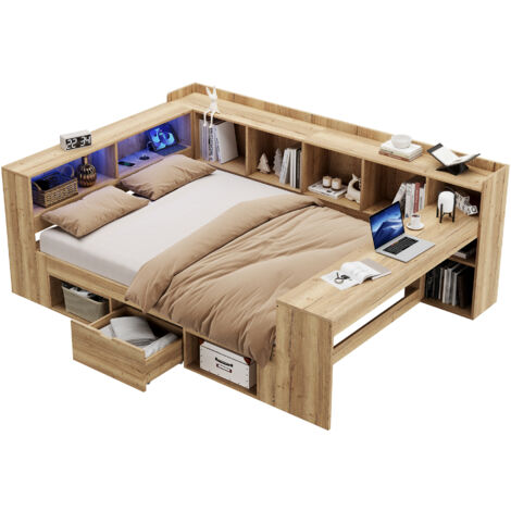 Cama juvenil de MDF color natural 140x200 cm con almacenaje, escritorio integrado, LED y puertos USB/Type-C