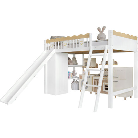 Cama alta infantil de madera maciza y MDF blanco/natural 90x200 cm con tobogán, armario, estante y somier de láminas