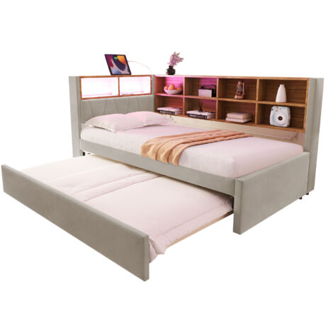 Sofá cama de flanela gris claro 90x200 cm con cama nido 90x190, LED, puertos de carga y almacenaje