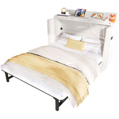 Cama abatible de lino y MDF beige 140x200 cm, con cajón, estante convertible y puertos USB y USB-C