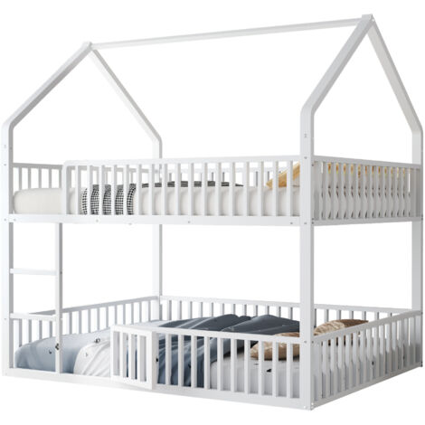 Litera de metal blanca 140x200 cm con escalera frontal, barandillas de seguridad y puerta inferior