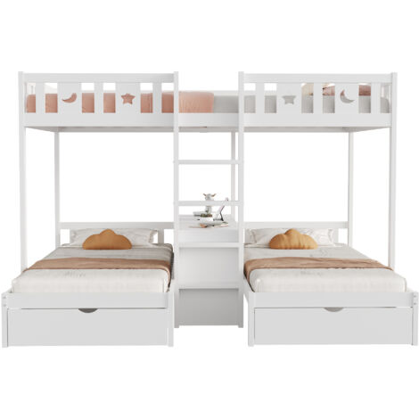 Litera triple de madera blanca con almacenaje y escalera, cama superior 140x220 cm e inferiores 90x200 cm