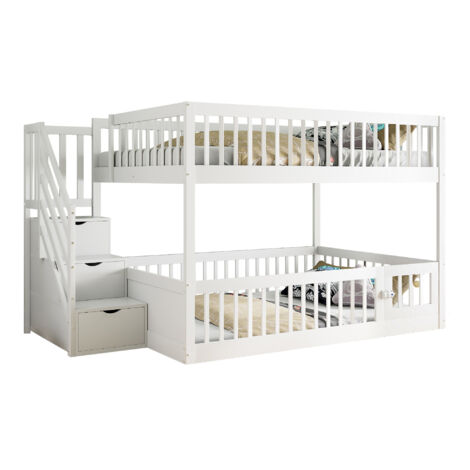Litera de madera maciza blanca 140x200 cm con escalera de almacenaje y somier de láminas