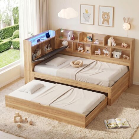 Cama infantil MDF color natural 90x200 cm con cama nido 90x190, almacenaje, LED y puertos USB/Type-C