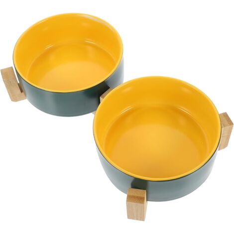 Gamelle Double Céramique Bicolore avec Support Bois pour Chat et Petit (1/5)