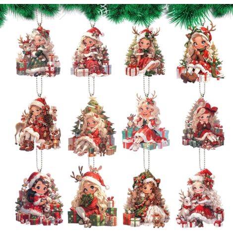 Lot de 12 pendentifs de sapin de Noël - Décoration d'hiver 2D - Décoration (1/5)