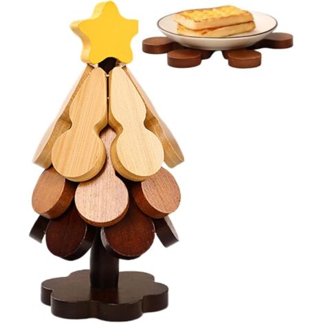 Lot de 3 dessous de verre pliables en bois en forme de sapin de Noël - (1/5)