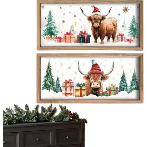 Tableau Vache Highland - 2 Pièces de Décoration Rustique en Bois avec (1/5)