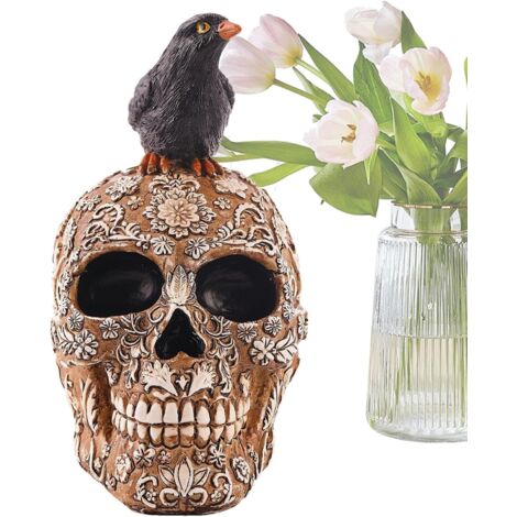 Figurine de Corbeau sur Crâne - Statue de Corbeau Squelette pour Halloween (1/5)
