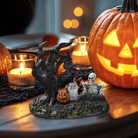 Figurines Halloween - Sculpture Arbre Crâne Citrouille Corbeau Pierre (1/4)