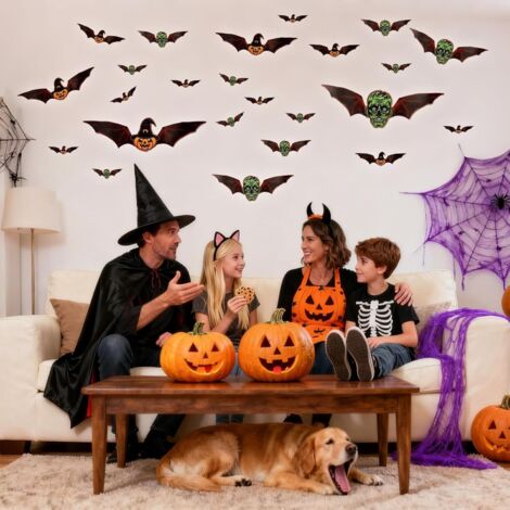 Chauves - souris Halloween - 24 Autocollants Effrayants 3D pour Mur - (1/4)