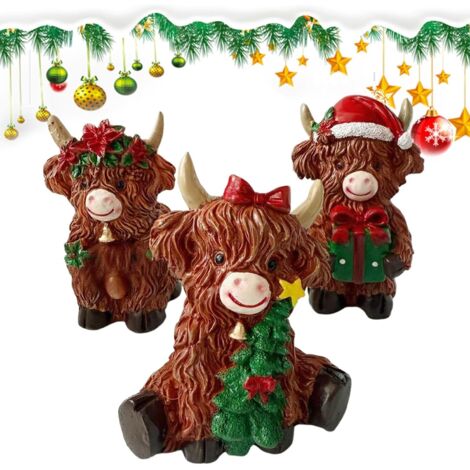 Figurines de Vache Highland 3 Pièces Décoration Noël Vache Bovin,Statue (1/5)