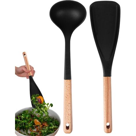 en silicone Cuillre manche en bois antiadhsive Ensemble de (1/5)