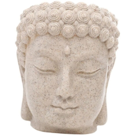 Sculpture de tête de Bouddha, pot de fleurs et récipient